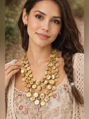 Gold wood and disk light weight layered necklace